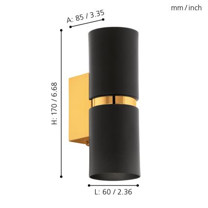 Eglo 64795 - Світлодіодний настінний світильник PASSA PRO 2xGU10/3,3W/230V 3000K чорний/золотий