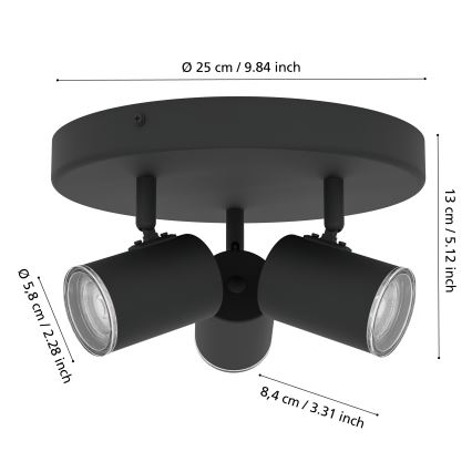 Eglo - Точечный светильник для ванной 3xGU10/5W/230V, диаметр 25 см, IP44, черный