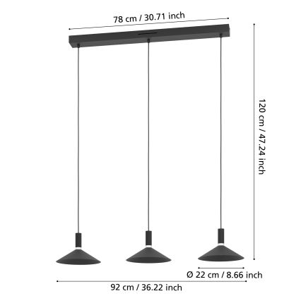 Eglo - LED RGBW люстра на тросі з можливістю затемнення 3xLED/7,5W/230V 2700-6500K чорна