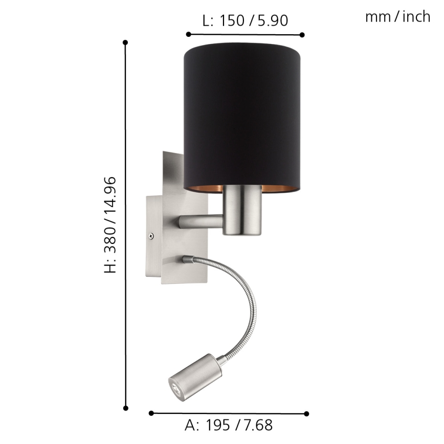 Eglo - Світлодіодний настінний світильник 1xE27/40W+LED/3,8W чорний