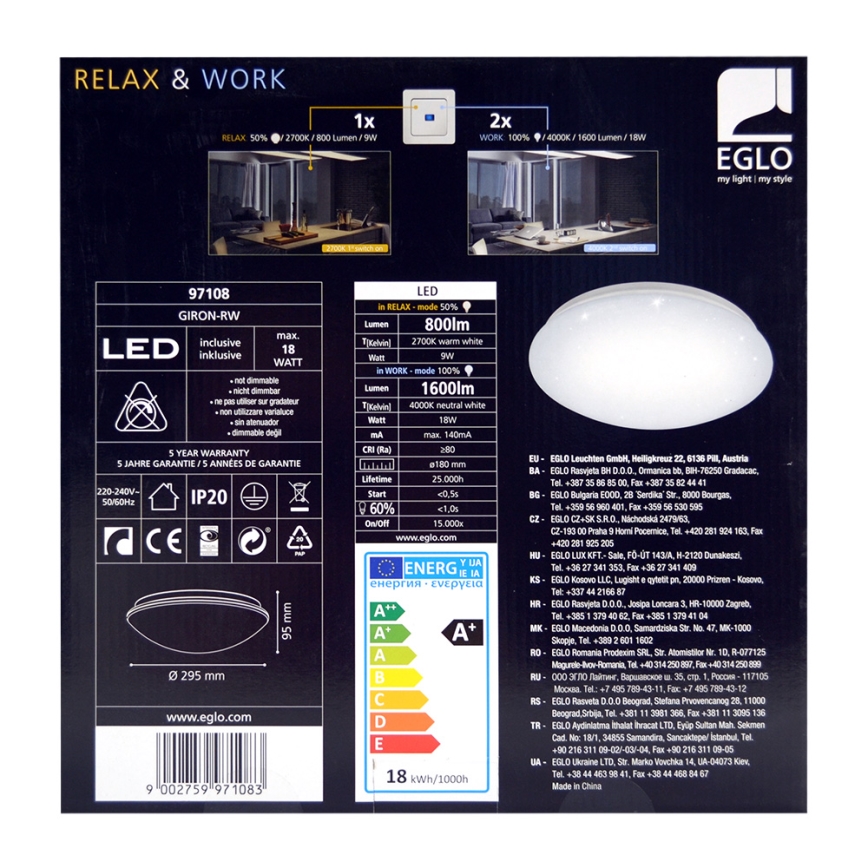 Eglo 97108 - Світлодіодний стельовий світильник GIRON-RW 1xLED/18W/230V 2700K-4000K