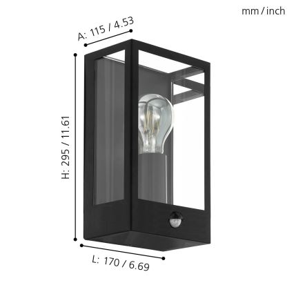 Eglo - Вуличний настінний світильник з датчиком 1xE27/60W/230V IP44