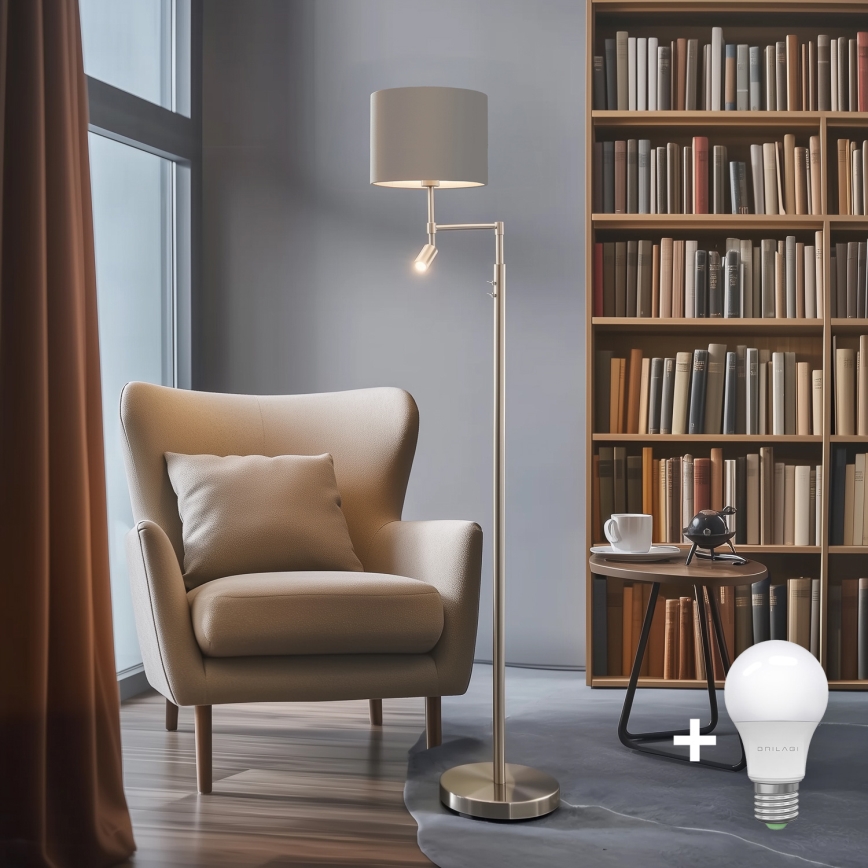 Eglo - Світлодіодний торшер TUNJA 1xE27/60W/230V + LED/2,1W діаметр 30 см матовий хром/taupe