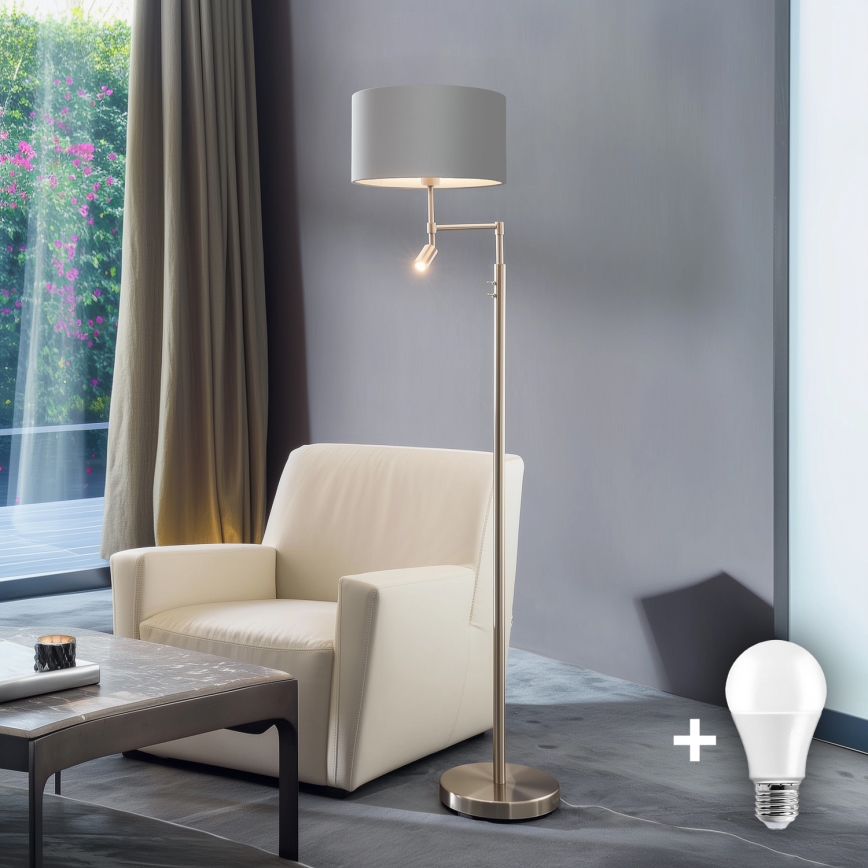 Eglo - Світлодіодний торшер TUNJA 1xE27/60W/230V + LED/2,1W діаметр 38 см матовий хром/сірий