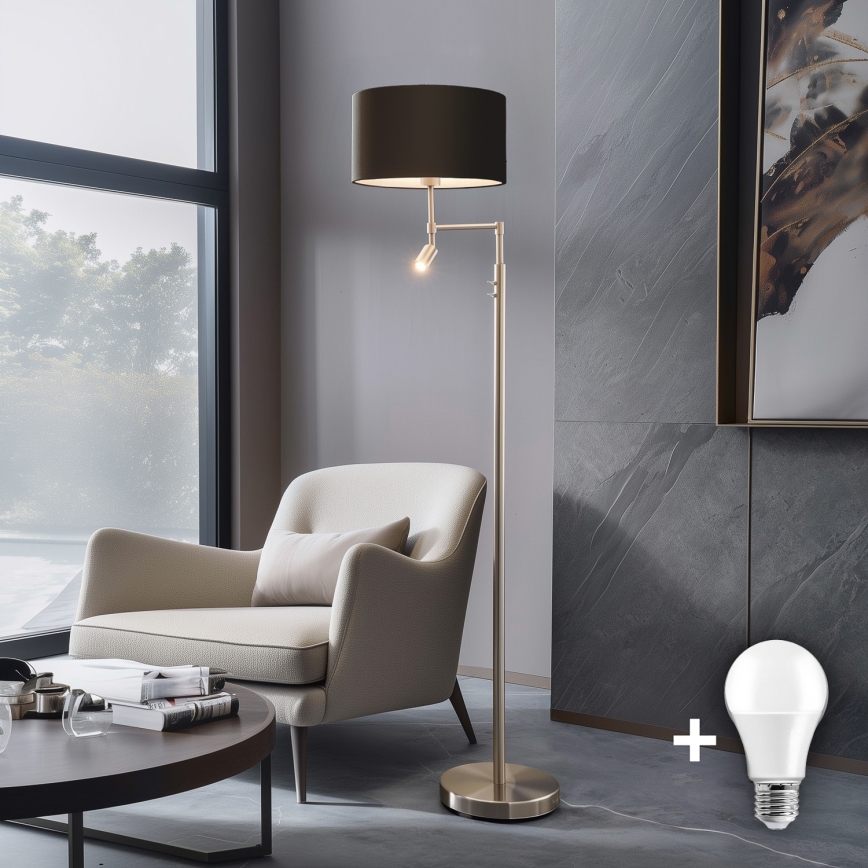 Eglo - Світлодіодний торшер TUNJA 1xE27/60W/230V + LED/2,1W діаметр 38 см матовий хром/коричневий