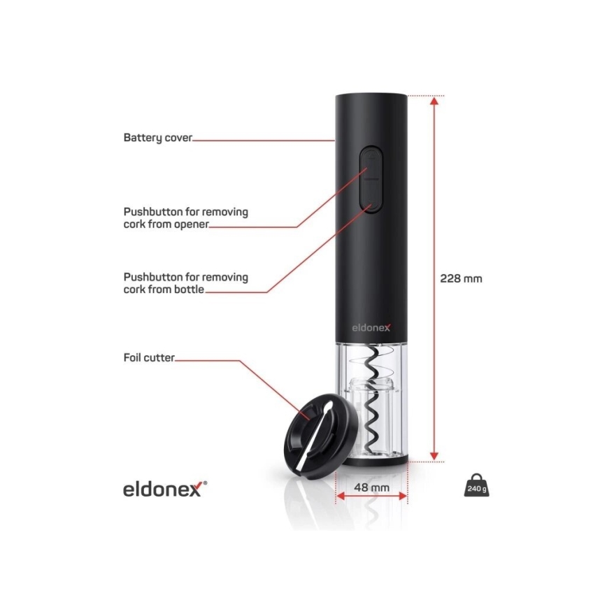 ELDONEX EWO-2100-BK - Електричний відкривач для вина 4xAA чорний