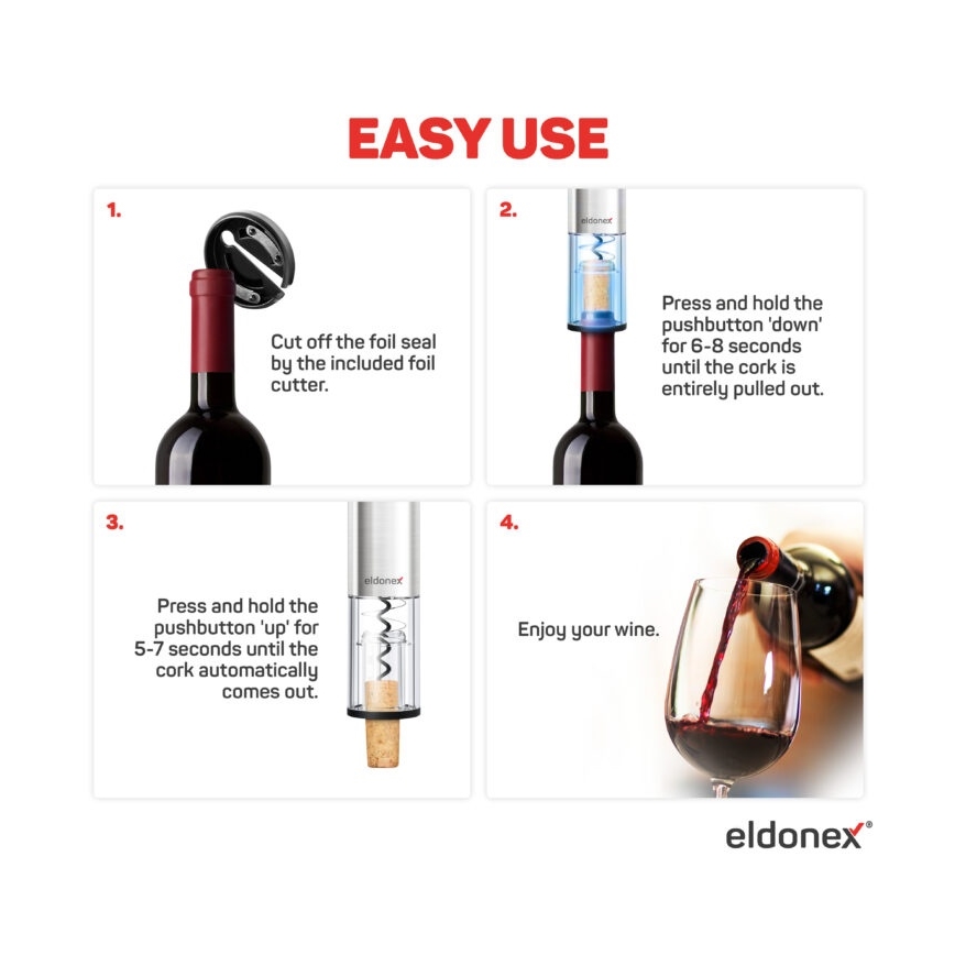 ELDONEX EWO-2200-SL - Электрический винный штопор 4xAA матовый хром