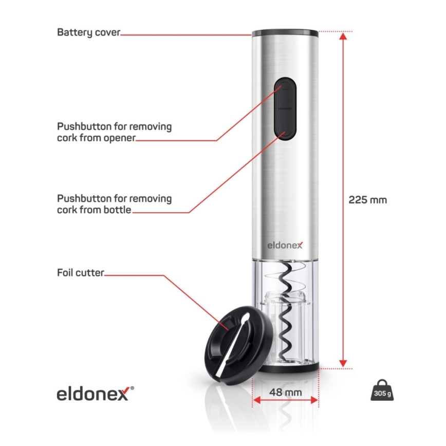 ELDONEX EWO-2200-SL - Електричний штопор для вина 4xAA матовий хром
