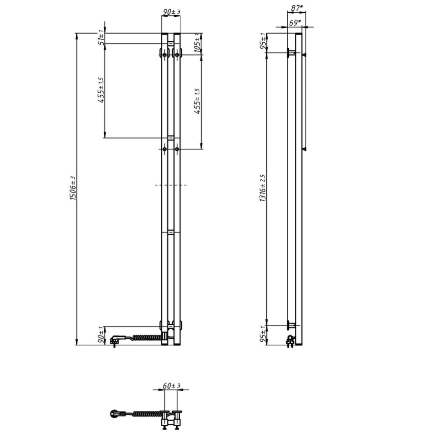 Электрический полотенцесушитель с термостатом SILOUETTE 200W/230V 150,6cm IP44 черный правый