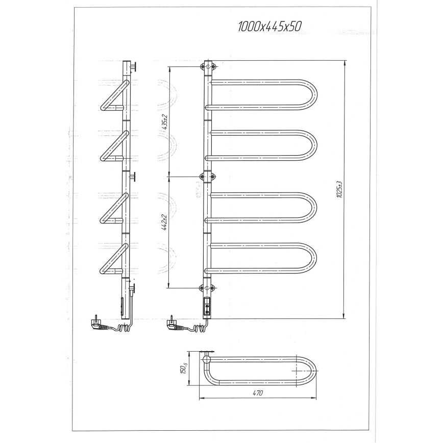Электрический поворотный полотенцесушитель ELECTRA 120W/230V 102,5x47,5 cm нержавеющая сталь/хром левый
