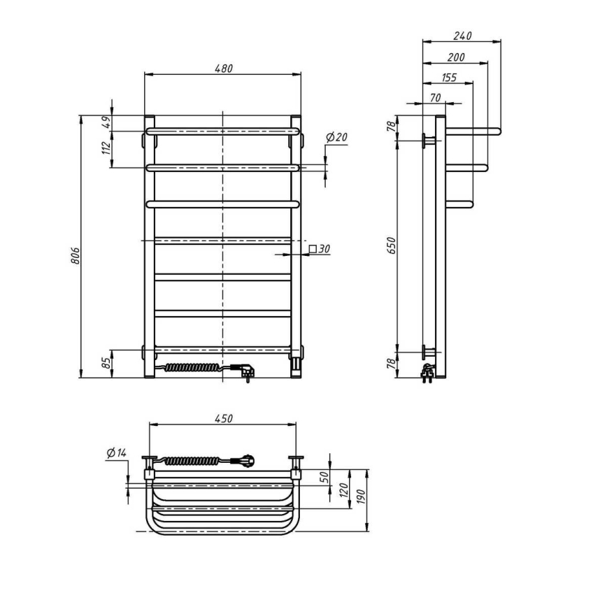 Электрический полотенцесушитель для ванной с термостатом FORTIS 350W/230V 80,6 cm IP44 чёрный левосторонний