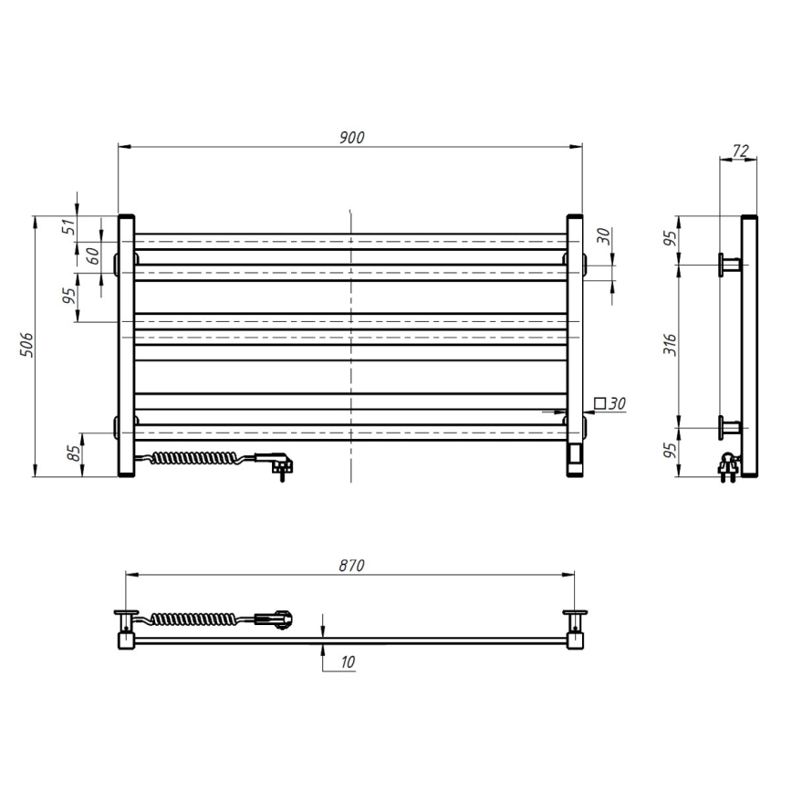 Електрична сушарка для рушників з термостатом AVANGARD 181W 50x90 cm чорна ліва