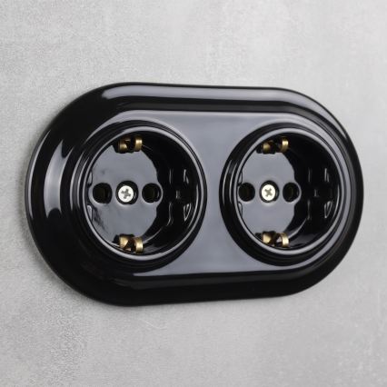 Elhard - Двойная керамическая ретро-розетка для дома с рамкой SCHUKO 230V чёрная