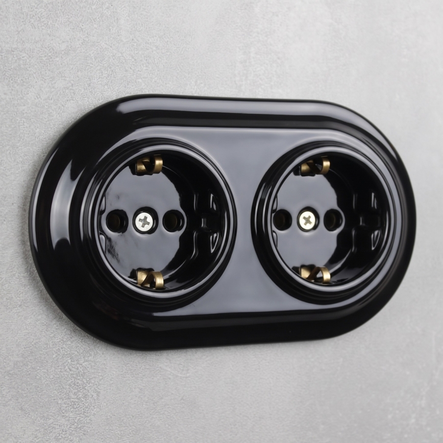 Elhard - Двойная керамическая ретро-розетка для дома с рамкой SCHUKO 230V чёрная