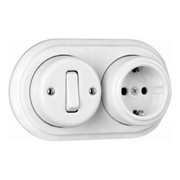 Elhard - Настінний керамічний ретро однополюсний вимикач № 1 та розетка SCHUKO 230V з рамкою, біла