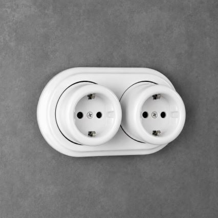Elhard - Подвійна настінна керамічна ретро-розетка з рамкою SCHUKO 230V біла
