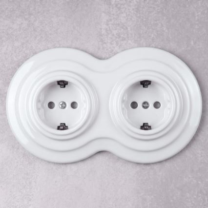 Elhard - Подвійна керамічна ретро-розетка для дому з рамкою SCHUKO 230V біла