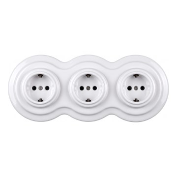 Elhard - Потрійна керамічна ретро-розетка для дому з рамкою SCHUKO 230V біла