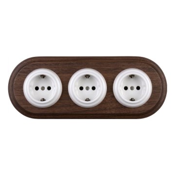 Elhard - Потрійна керамічна ретро розетка для дому з рамкою SCHUKO 230V біла/темне дерево