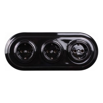 Elhard - Потрійна керамічна ретро розетка для дому з рамкою SCHUKO 230V чорна