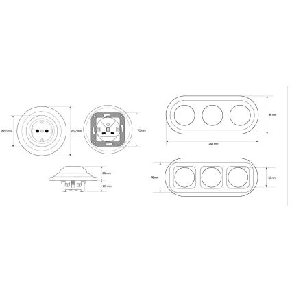 Elhard - Потрійна керамічна ретро розетка для дому з рамкою SCHUKO 230V чорна