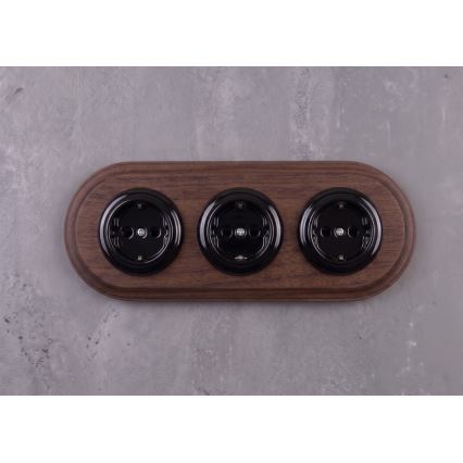 Elhard - Потрійна керамічна ретро-розетка для дому з рамкою SCHUKO 230V чорна/темне дерево