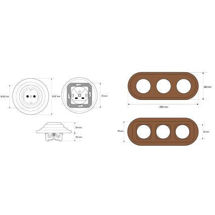 Elhard - Потрійна керамічна ретро-розетка для дому з рамкою SCHUKO 230V чорна/темне дерево
