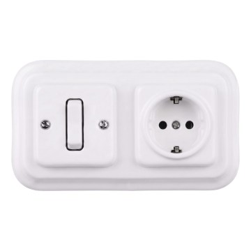 Elhard - керамический ретро однополюсный выключатель № 1 и розетка SCHUKO 230V с рамкой, белая