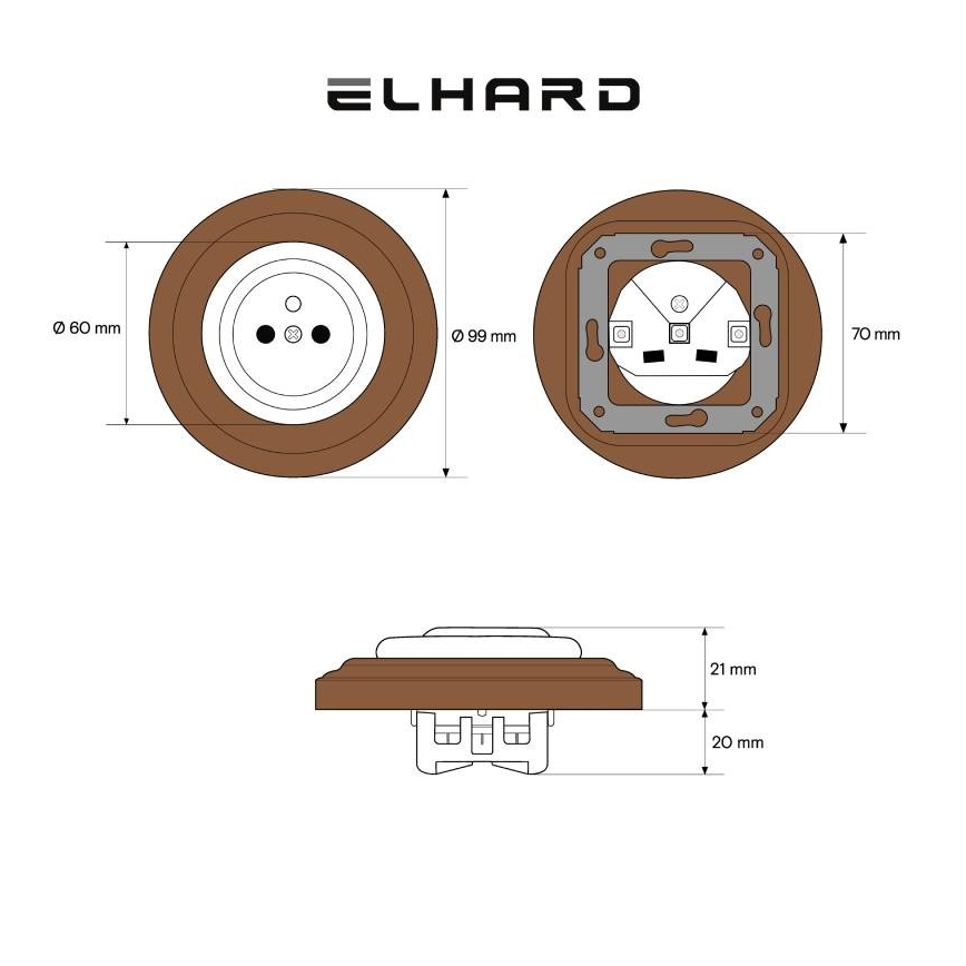 Elhard - Керамічна ретро-розетка для дому з рамкою 230V біла/темне дерево
