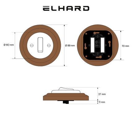 Elhard - Керамічний ретро одноклавішний вимикач з рамкою č. 1 чорний/темне дерево