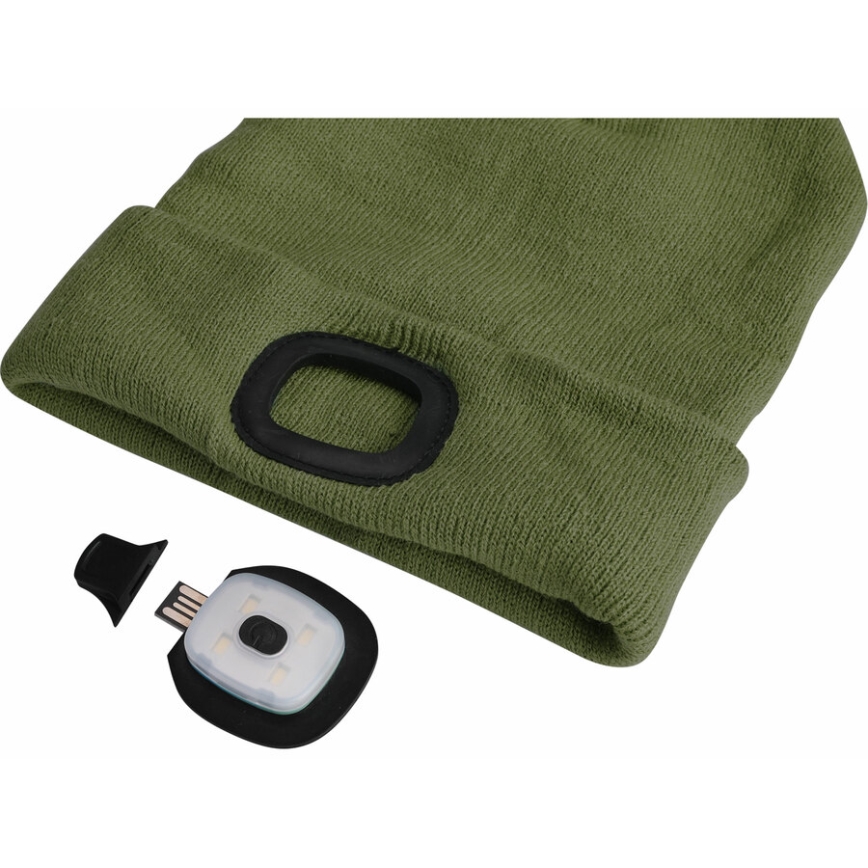 Extol - шапка с налобным фонарём и USB-зарядкой 300 мА·ч, зелёная, универсальный размер