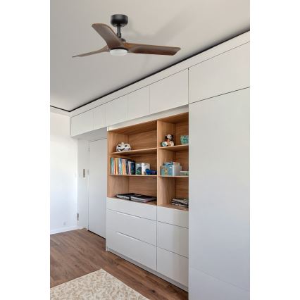 FARO 33806WT-1TW - Світлодіодний регульований стельовий вентилятор HEYWOOD S LED/10W/230V 2700/4000/6000K дерево/чорний діаметр 90 см Wi-Fi Tuya + дистанційне керування