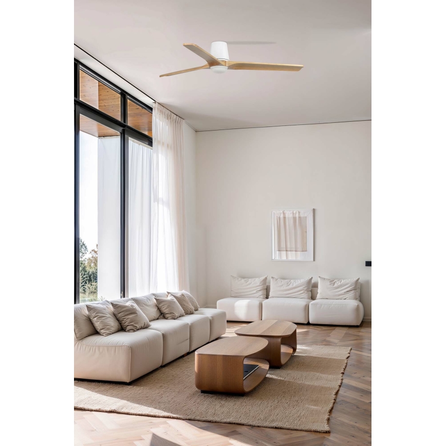 FARO 33838WT-1TW - Светодиодный потолочный вентилятор с регулированием яркости HEYWOOD TUB L LED/10W/230V 2700/4000/6000K сосна/белый диаметр 132 см Wi-Fi Tuya + дистанционное управление