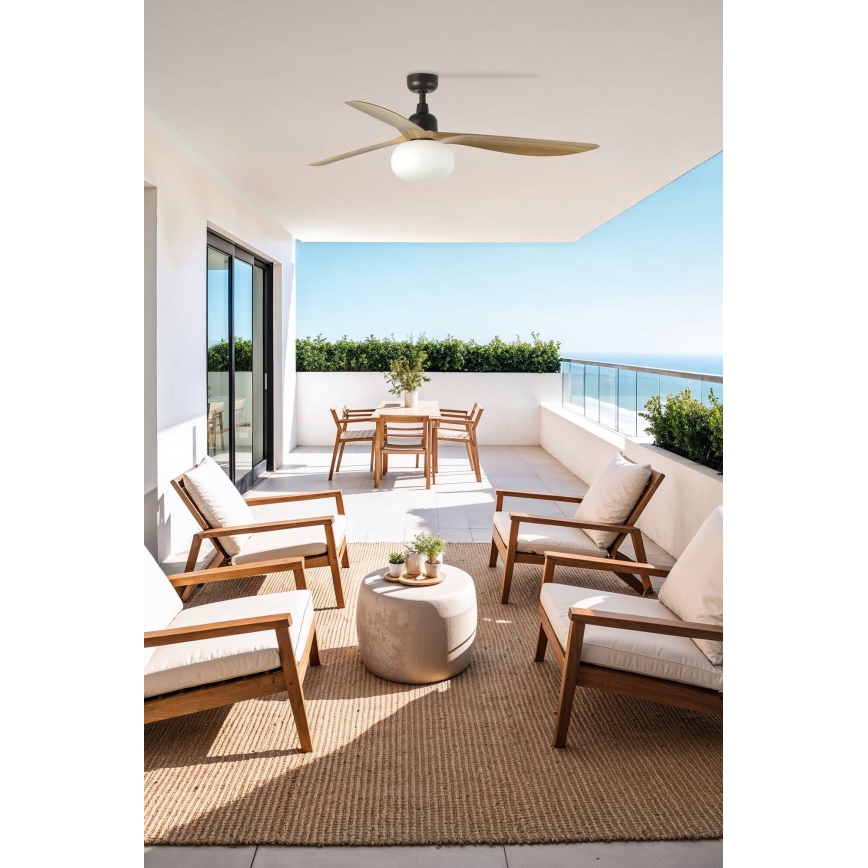 FARO 34360WT-11L - Потолочный вентилятор OUTWOOD L 1xE27/15 Вт/230 В, коричневый/чёрный, диаметр 150 см, Wi-Fi Tuya, IP44 + пульт дистанционного управления