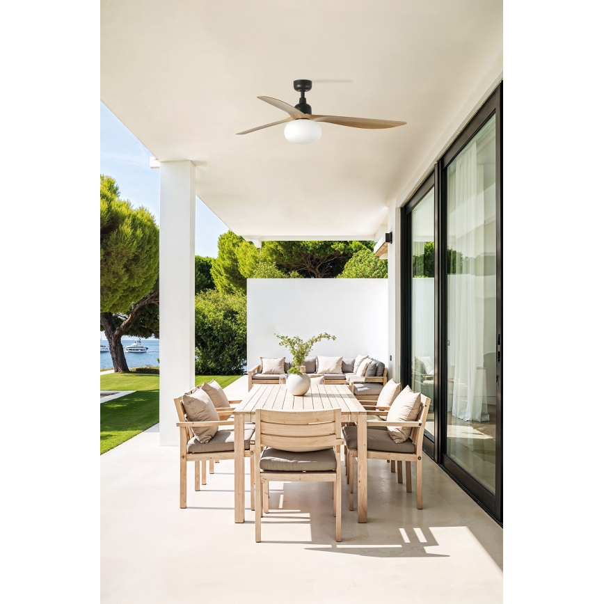 FARO 34360WT-11L - Потолочный вентилятор OUTWOOD L 1xE27/15 Вт/230 В, коричневый/чёрный, диаметр 150 см, Wi-Fi Tuya, IP44 + пульт дистанционного управления