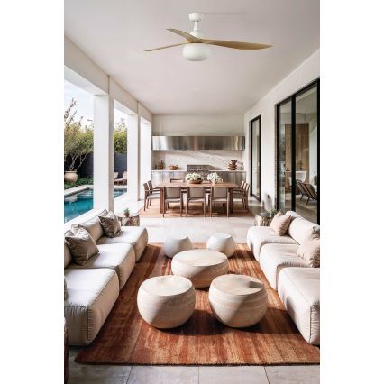 FARO 34361WT-11L - Потолочный вентилятор OUTWOOD L 1xE27/15W/230V, коричневый/белый, диаметр 150 см, Wi-Fi Tuya, IP44 + пульт дистанционного управления