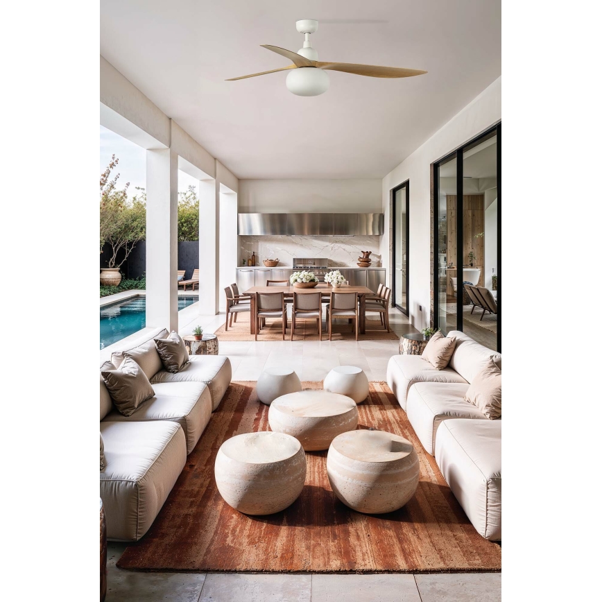 FARO 34361WT-11L - Потолочный вентилятор OUTWOOD L 1xE27/15W/230V, коричневый/белый, диаметр 150 см, Wi-Fi Tuya, IP44 + пульт дистанционного управления