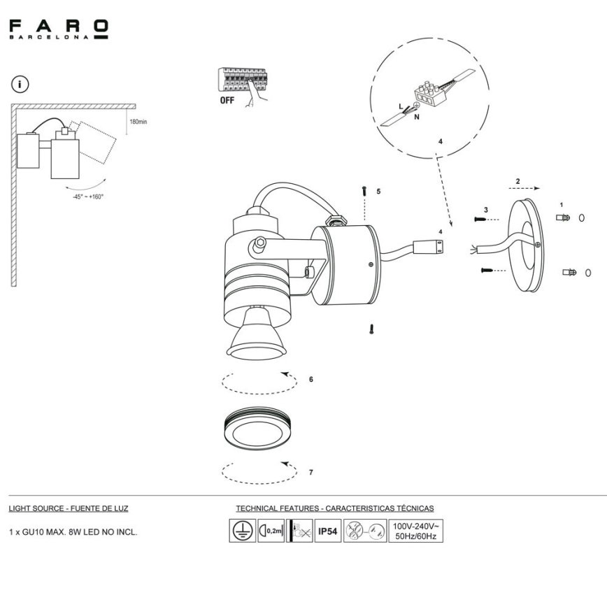 FARO 70260 - Уличный настенный светильник LIT 1xGU10/8W/230V IP54