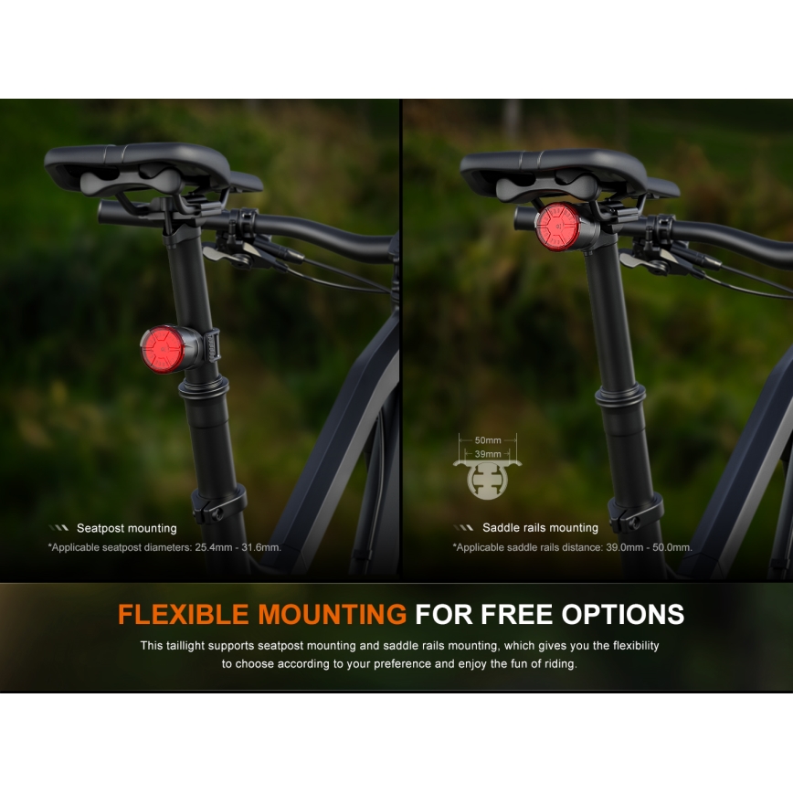 Fenix BC06R - LED Акумуляторна велосипедна мигалка з регулюванням яскравості LED/USB IP66 90 лм 24,5 год. 560 mAh