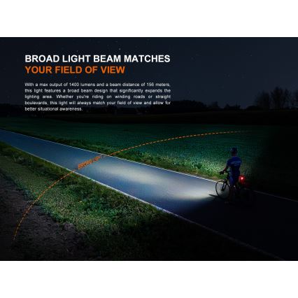 Fenix BC22R - LED перезаряжаемый велосипедный фонарь с регулировкой яркости LED/USB 3400 mAh IP66 1400 лм 41 ч черный