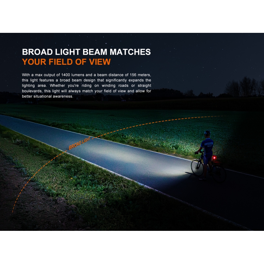 Fenix BC22R - LED перезаряжаемый велосипедный фонарь с регулировкой яркости LED/USB 3400 mAh IP66 1400 лм 41 ч черный