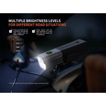 Fenix BC22R - LED перезаряжаемый велосипедный фонарь с регулировкой яркости LED/USB 3400 mAh IP66 1400 лм 41 ч черный