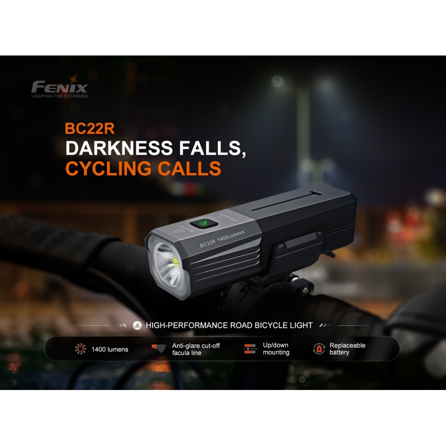 Fenix BC22R - регульований LED-ліхтар для велосипеда, з USB-зарядкою, 3400 mAh, IP66, 1400 лм, 41 год, чорний