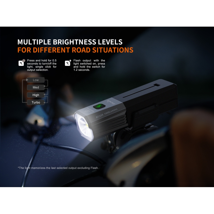 Fenix BC22R - регульований LED-ліхтар для велосипеда, з USB-зарядкою, 3400 mAh, IP66, 1400 лм, 41 год, чорний