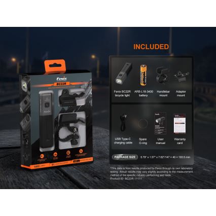 Fenix BC22R - регульований LED-ліхтар для велосипеда, з USB-зарядкою, 3400 mAh, IP66, 1400 лм, 41 год, чорний