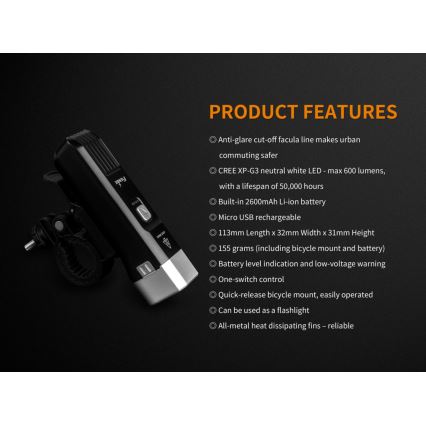 Fenix BC25R - Акумуляторний велосипедний LED ліхтар LED/USB IP66