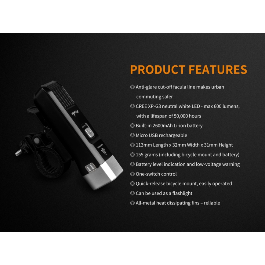 Fenix BC25R - Акумуляторний велосипедний LED ліхтар LED/USB IP66