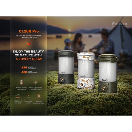 Fenix CL26RPROOLI - LED Портативна акумуляторна лампа з регулюванням яскравості LED/USB IP66 650 лм 408 год. 5000 mAh зелений