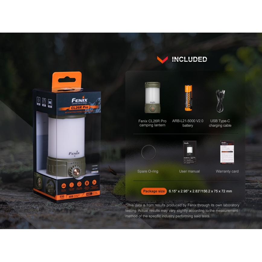 Fenix CL26RPROOLI - LED Портативна акумуляторна лампа з регулюванням яскравості LED/USB IP66 650 лм 408 год. 5000 mAh зелений