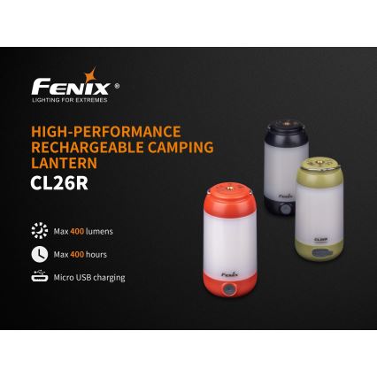 Fenix CL26RRED - Светодиодная портативная аккумуляторная лампа с регулированием яркости LED/USB/2xCR123A IP66 400 лм 400 ч 2600 mAh оранжевый